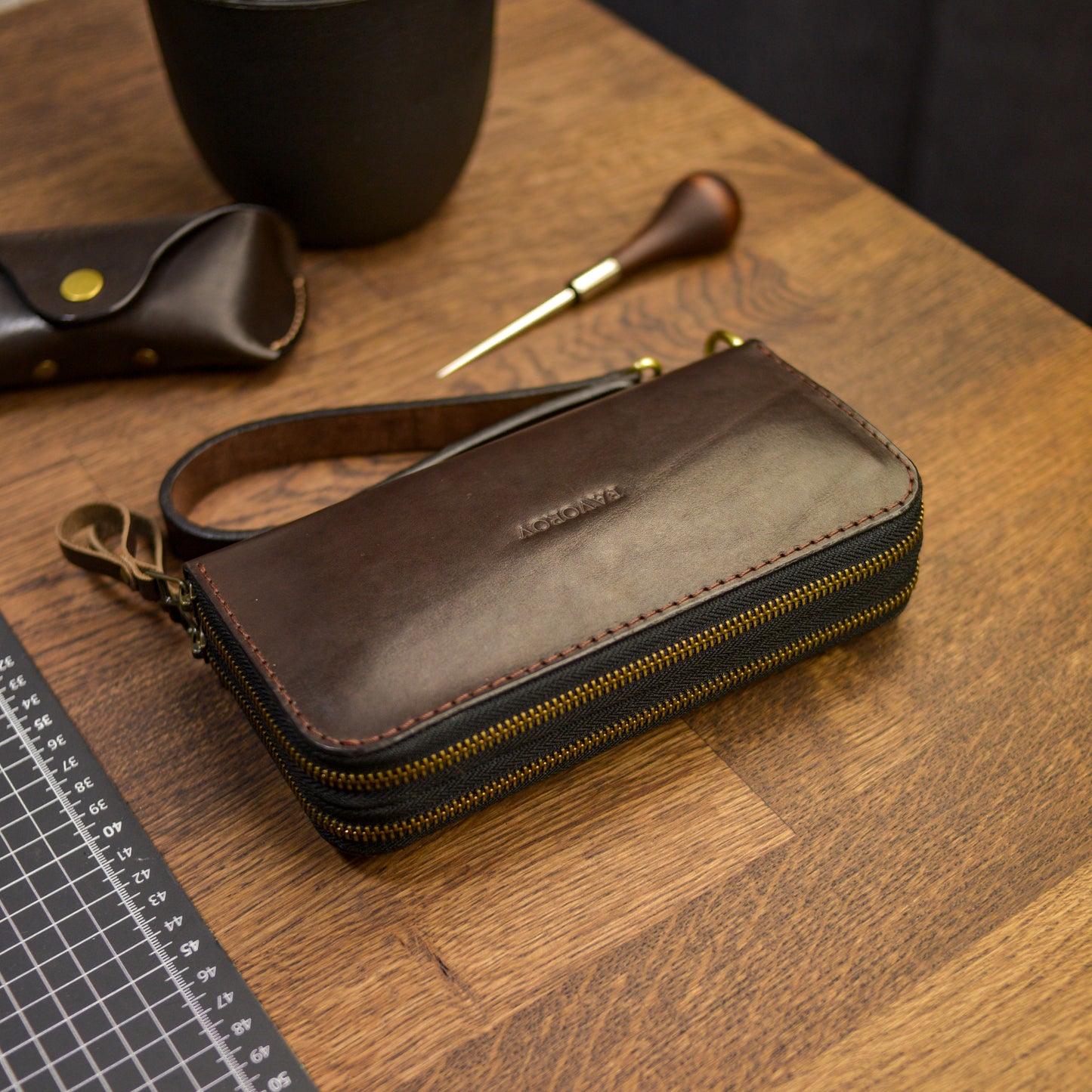 Personalized Leather Clutch, Full Grain Leather Clutch, Cognac men's leather wallet, Double Zipped wallet