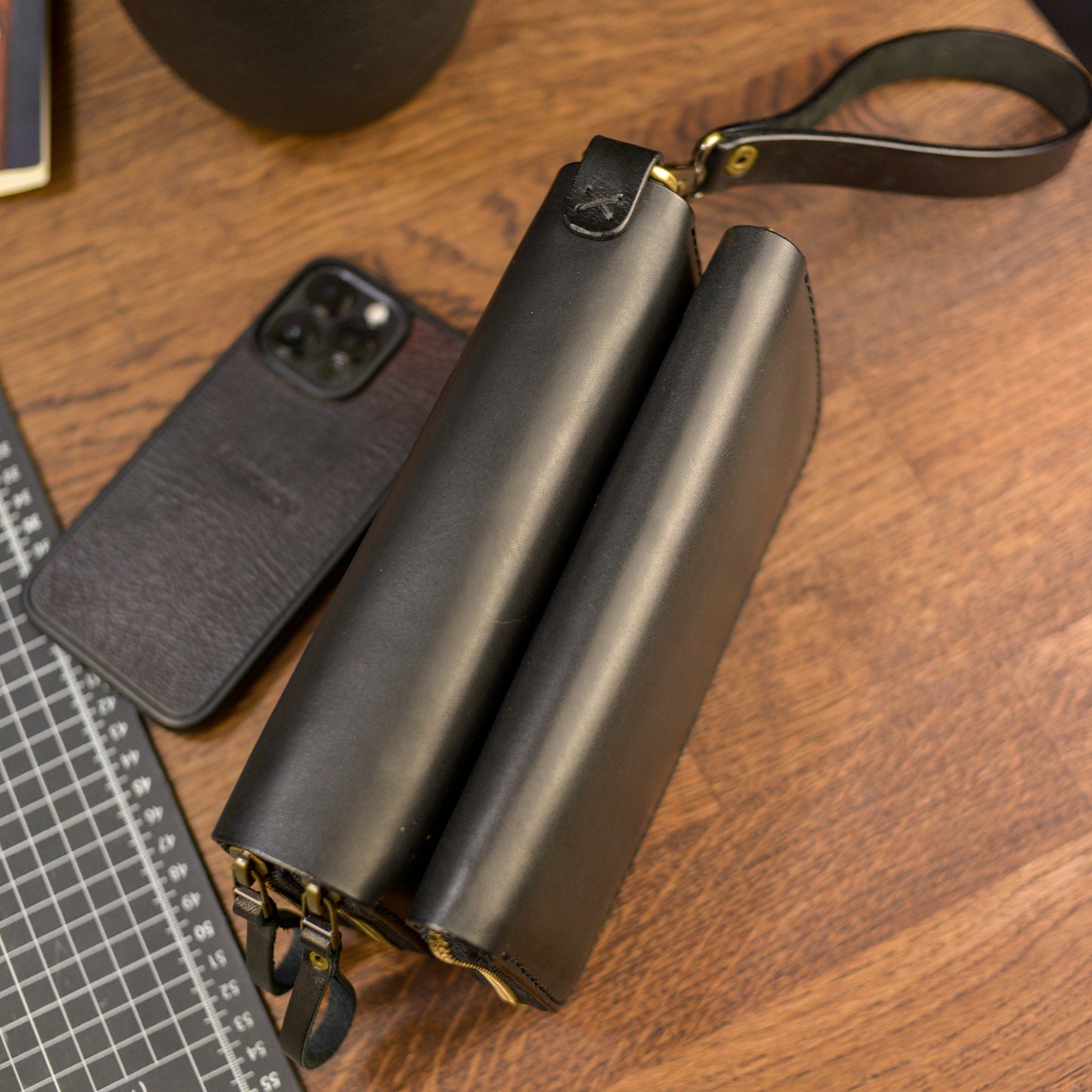 Personalized Leather Clutch, Full Grain Leather Clutch, Black men's leather wallet, Double Zipped wallet