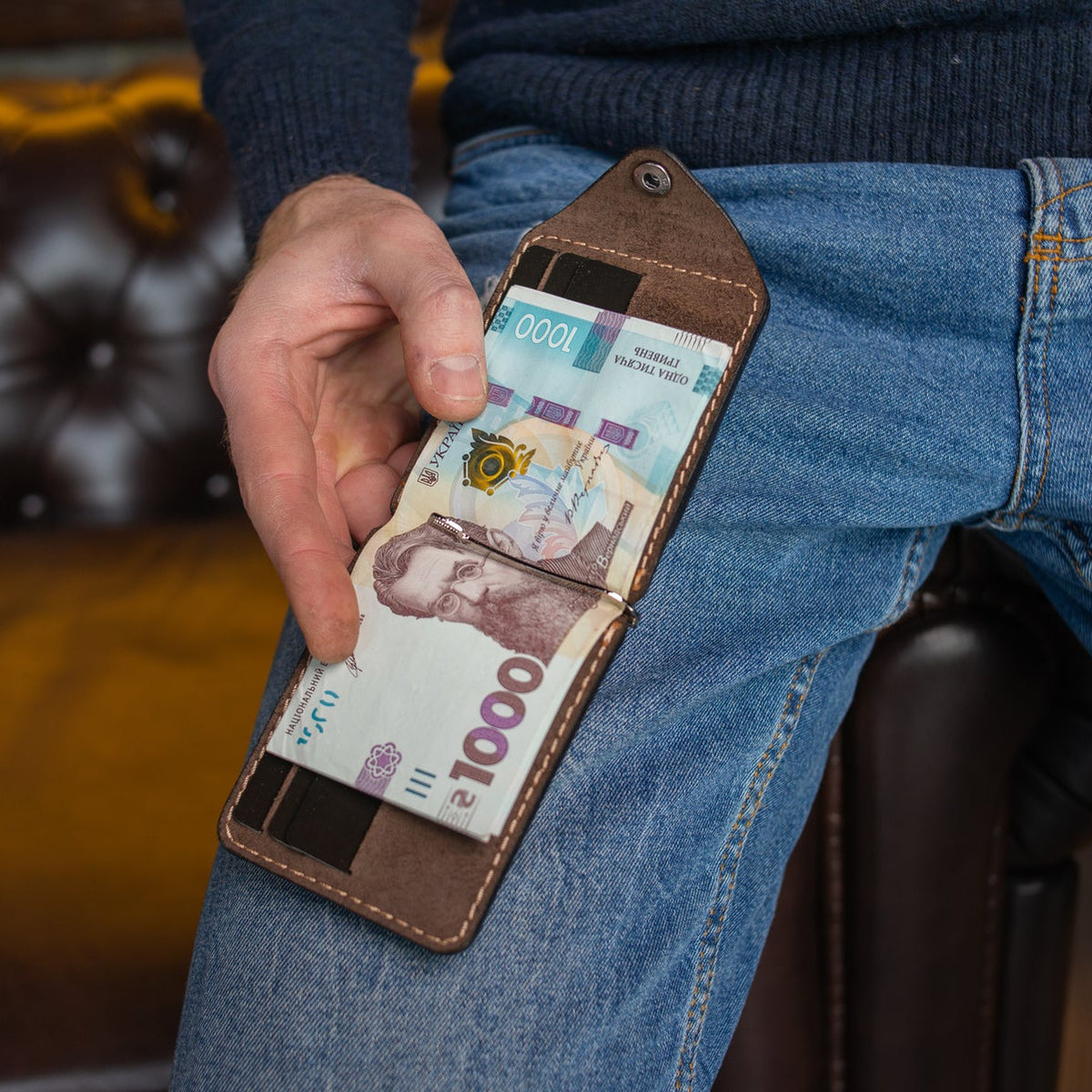 Brown Leather Money Clip, Full grain Leather Money Clip