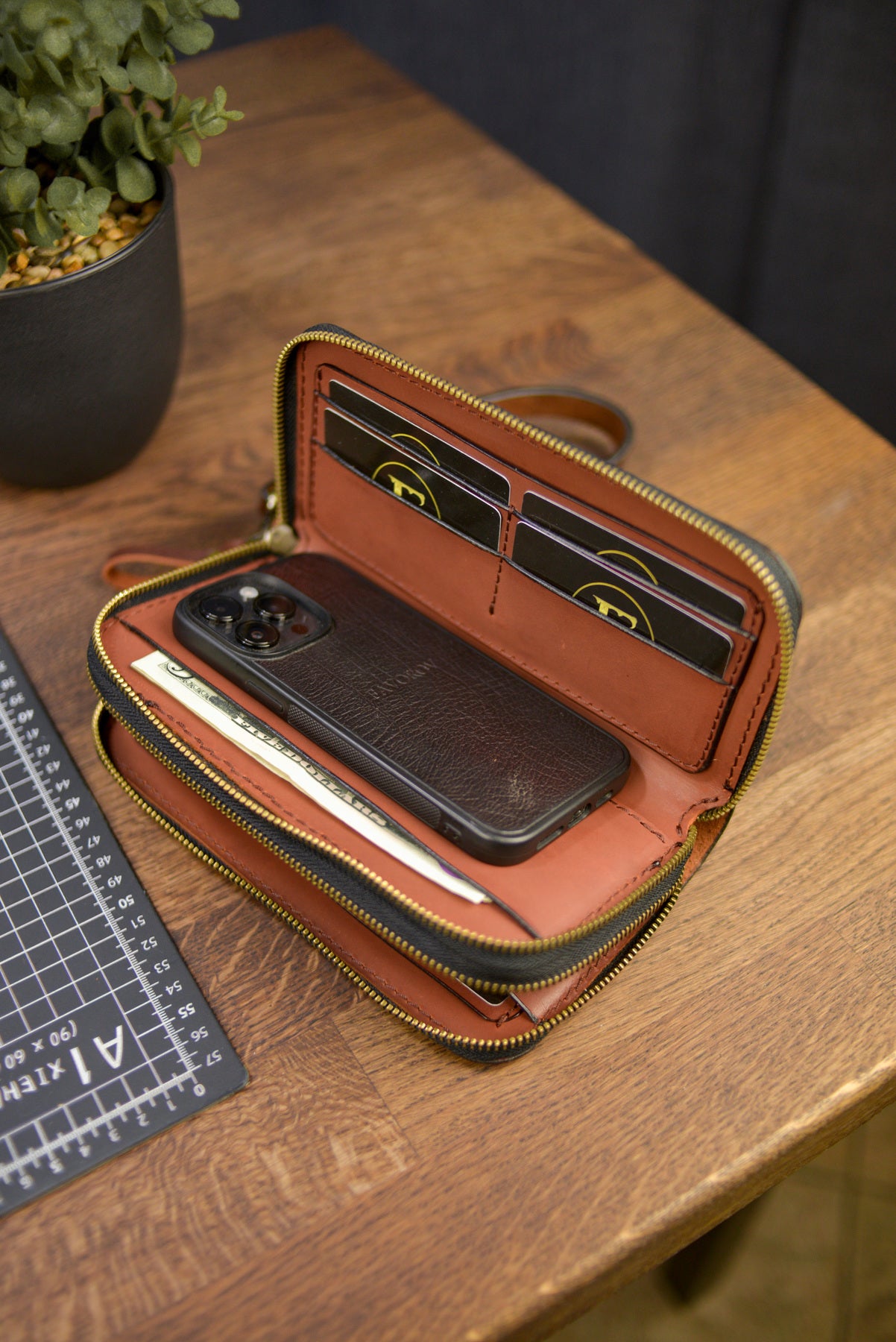 Personalized Leather Clutch, Full Grain Leather Clutch, Cognac men's leather wallet, Double Zipped wallet