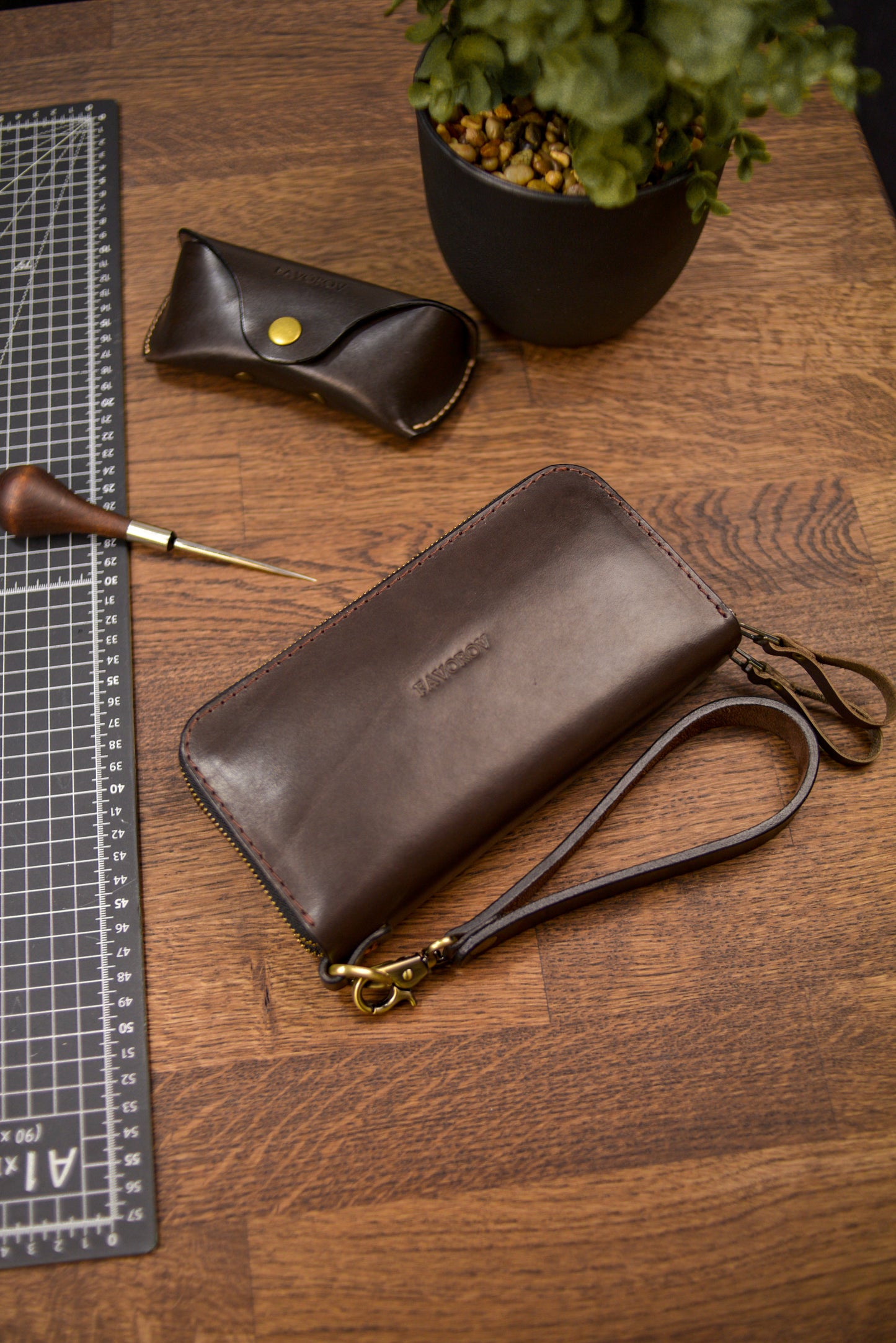 Personalized Leather Clutch, Full Grain Leather Clutch, Cognac men's leather wallet, Double Zipped wallet