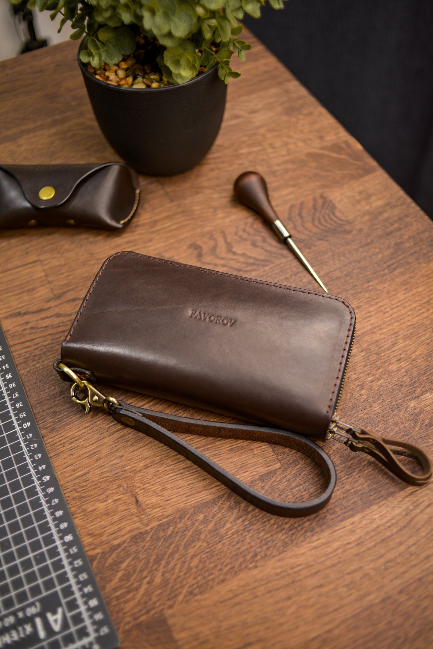 Personalized Leather Clutch, Full Grain Leather Clutch, Cognac men's leather wallet, Double Zipped wallet