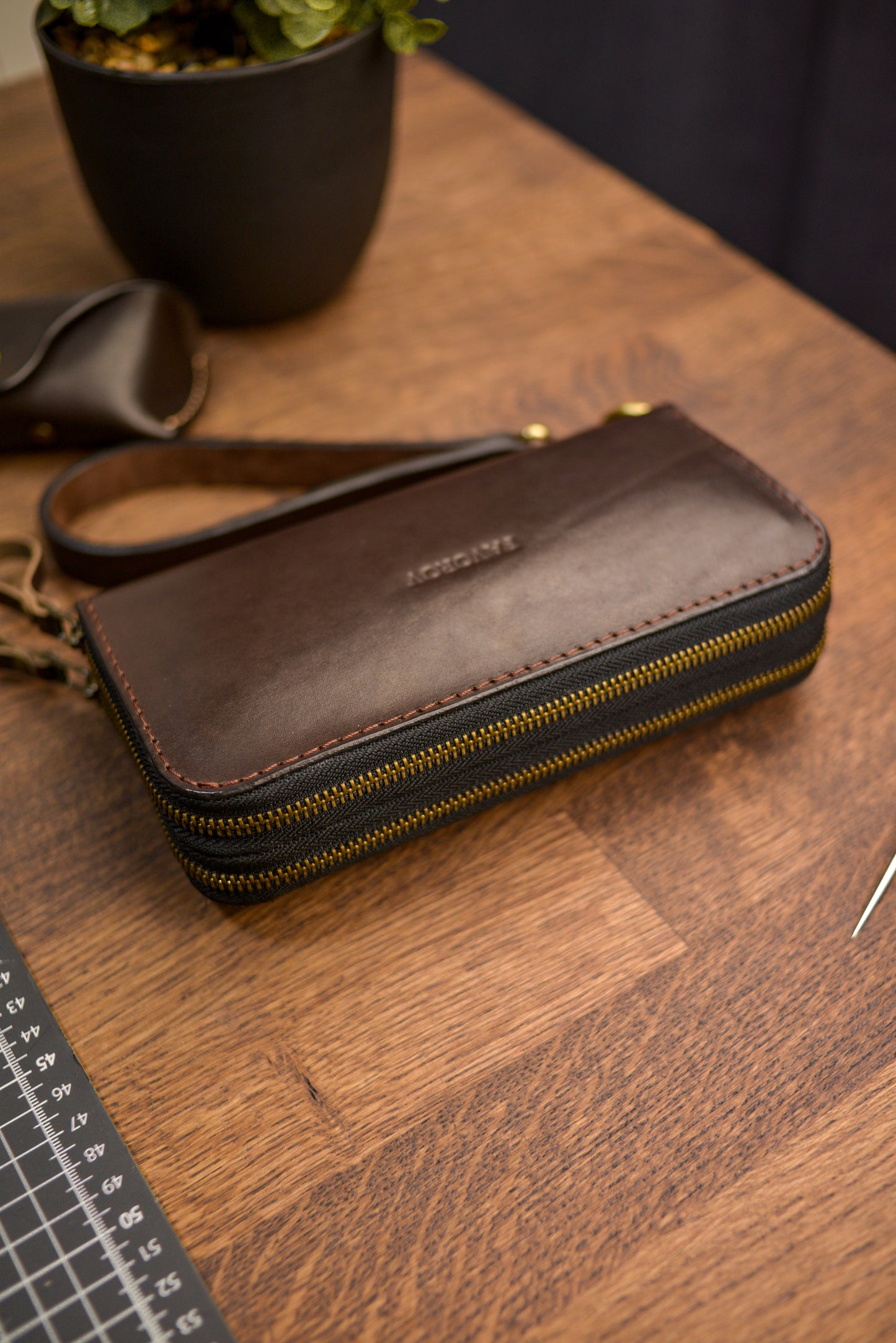 Personalized Leather Clutch, Full Grain Leather Clutch, Cognac men's leather wallet, Double Zipped wallet