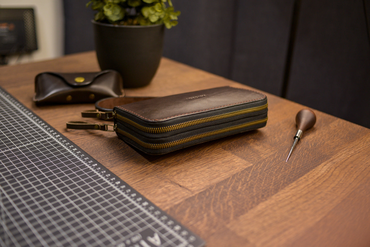 Personalized Leather Clutch, Full Grain Leather Clutch, Cognac men's leather wallet, Double Zipped wallet