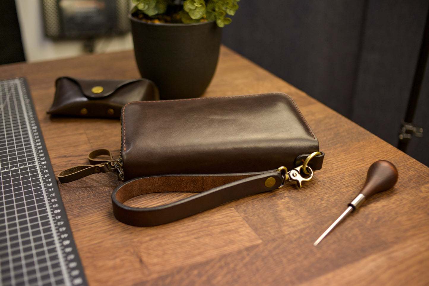Personalized Leather Clutch, Full Grain Leather Clutch, Cognac men's leather wallet, Double Zipped wallet