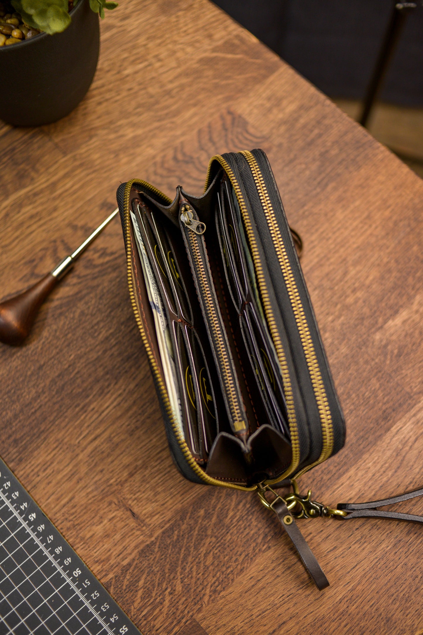 Personalized Leather Clutch, Full Grain Leather Clutch, Cognac men's leather wallet, Double Zipped wallet