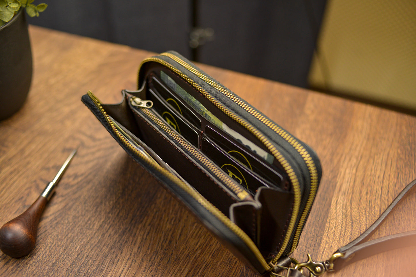 Personalized Leather Clutch, Full Grain Leather Clutch, Cognac men's leather wallet, Double Zipped wallet