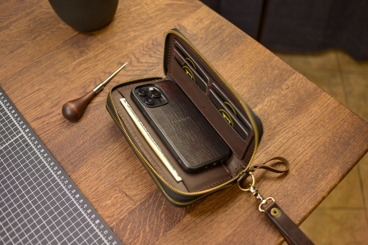 Personalized Leather Clutch, Full Grain Leather Clutch, Cognac men's leather wallet, Double Zipped wallet