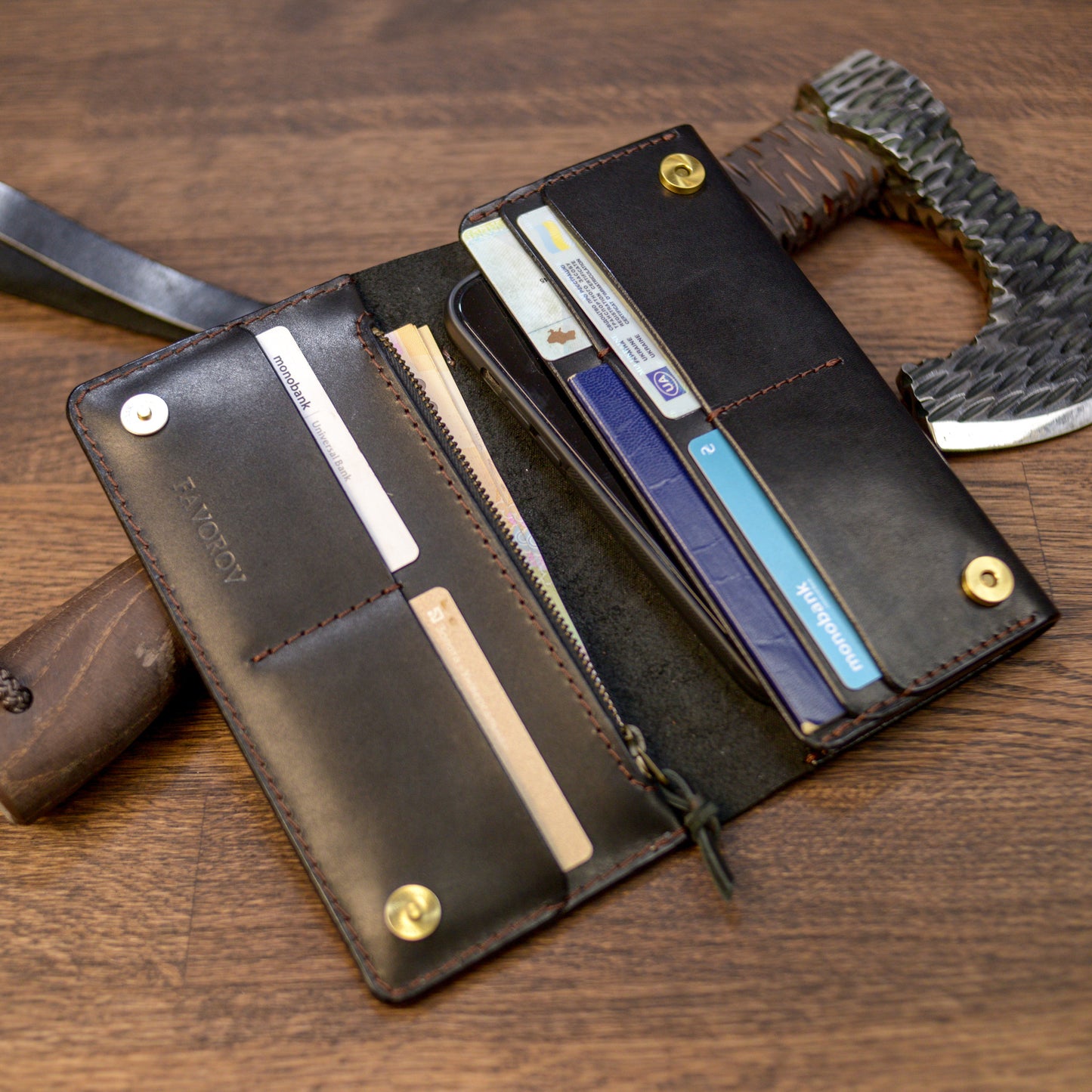 Personalized Long leather wallet, Full grain leather Leather Black wallet , Wallet for Her or Him
