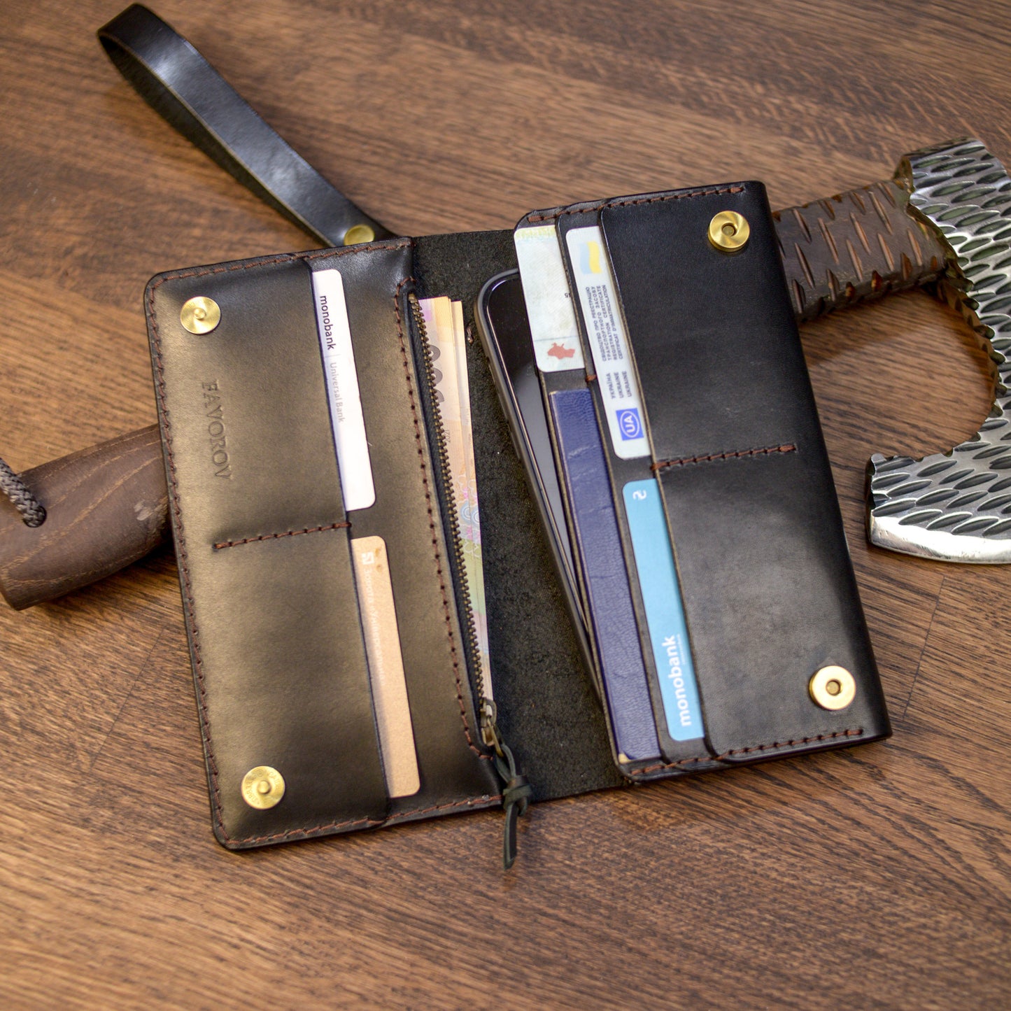 Personalized Long leather wallet, Full grain leather Leather Black wallet , Wallet for Her or Him