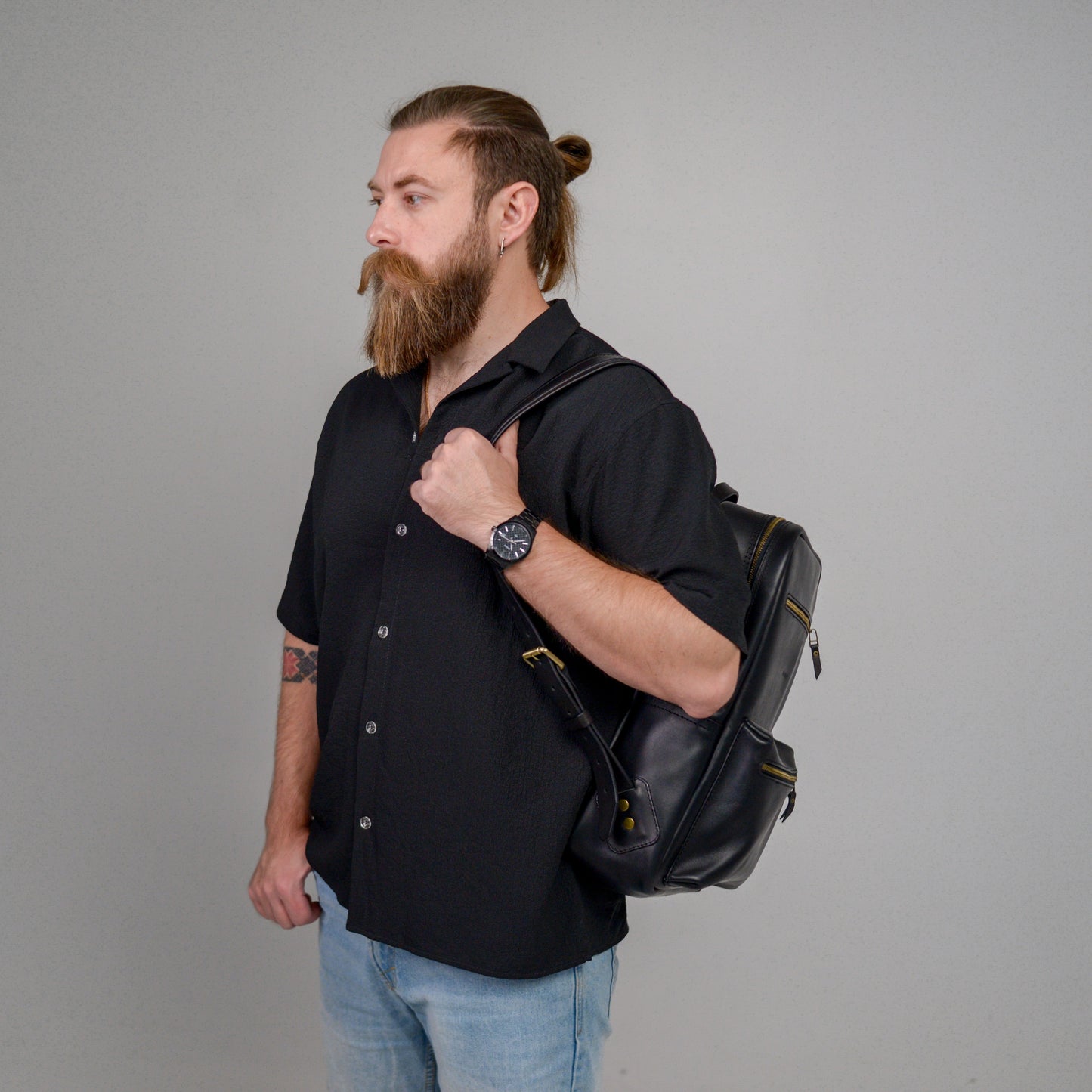 Handmade Black Full Grain Leather Laptop Backpack, Minimalist Rucksack