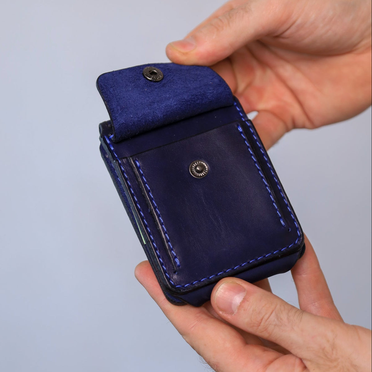 Blue Full grain Leather Money Clip, Minimalist Wallet