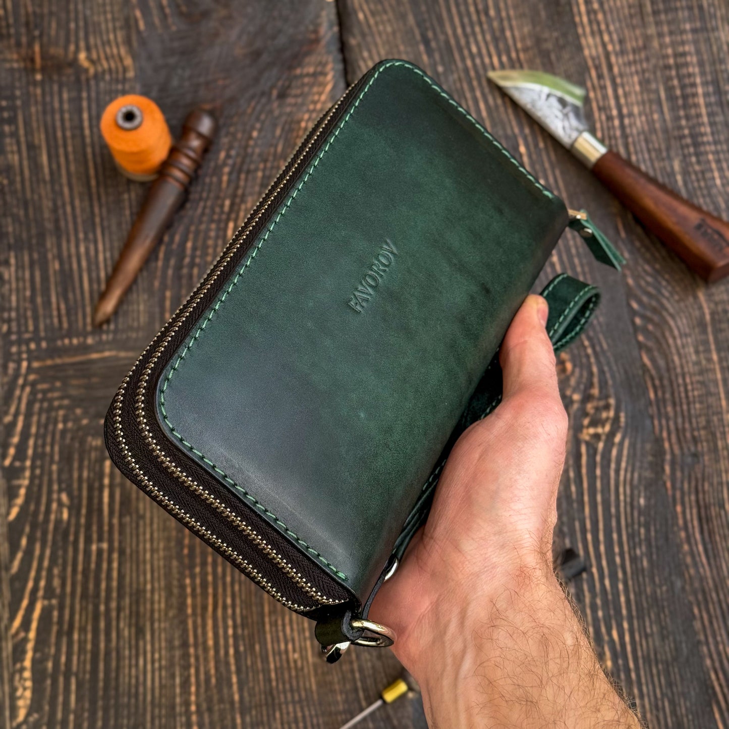 Personalized Green Leather Clutch, Full Grain Leather Clutch, women's leather wallet, Double Zipped wallet