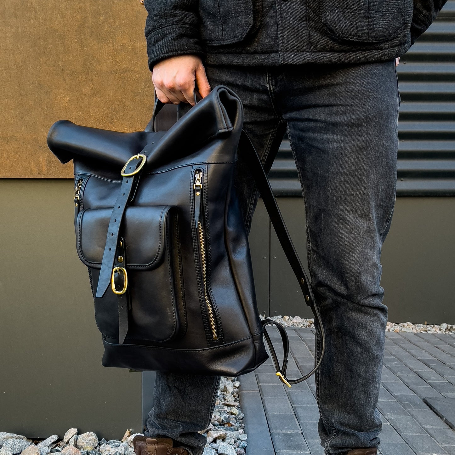 Big Handmade Leather black rolltop backpack for men