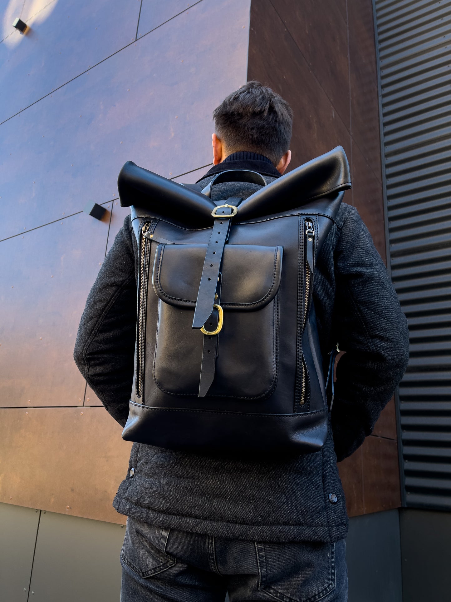 Big Handmade Leather black rolltop backpack for men