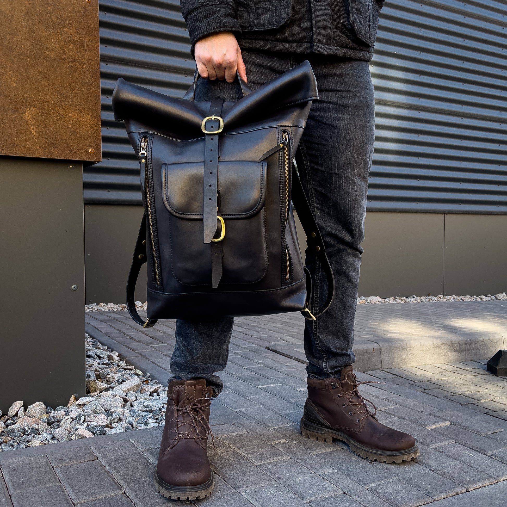 Big Handmade Leather black rolltop backpack for men