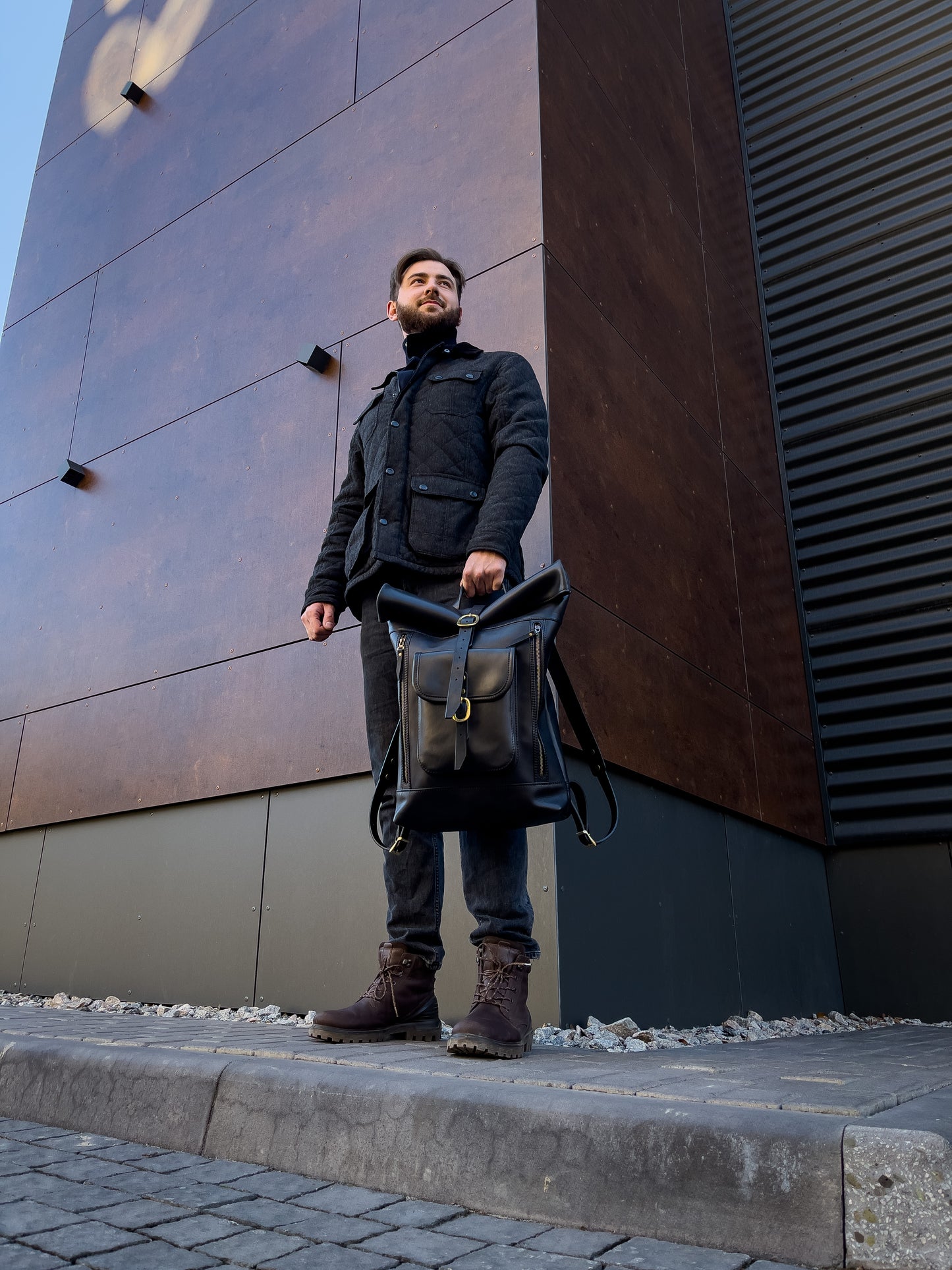 Big Handmade Leather black rolltop backpack for men