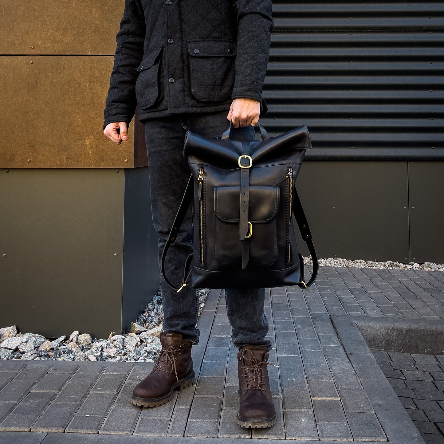 Big Handmade Leather black rolltop backpack for men