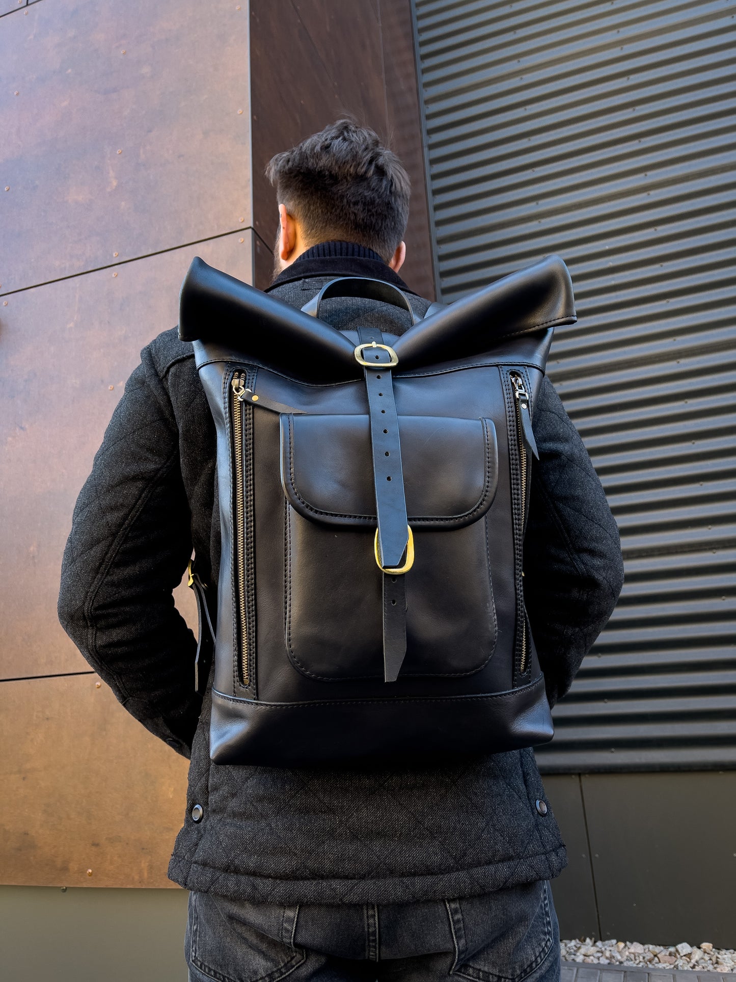 Big Handmade Leather black rolltop backpack for men