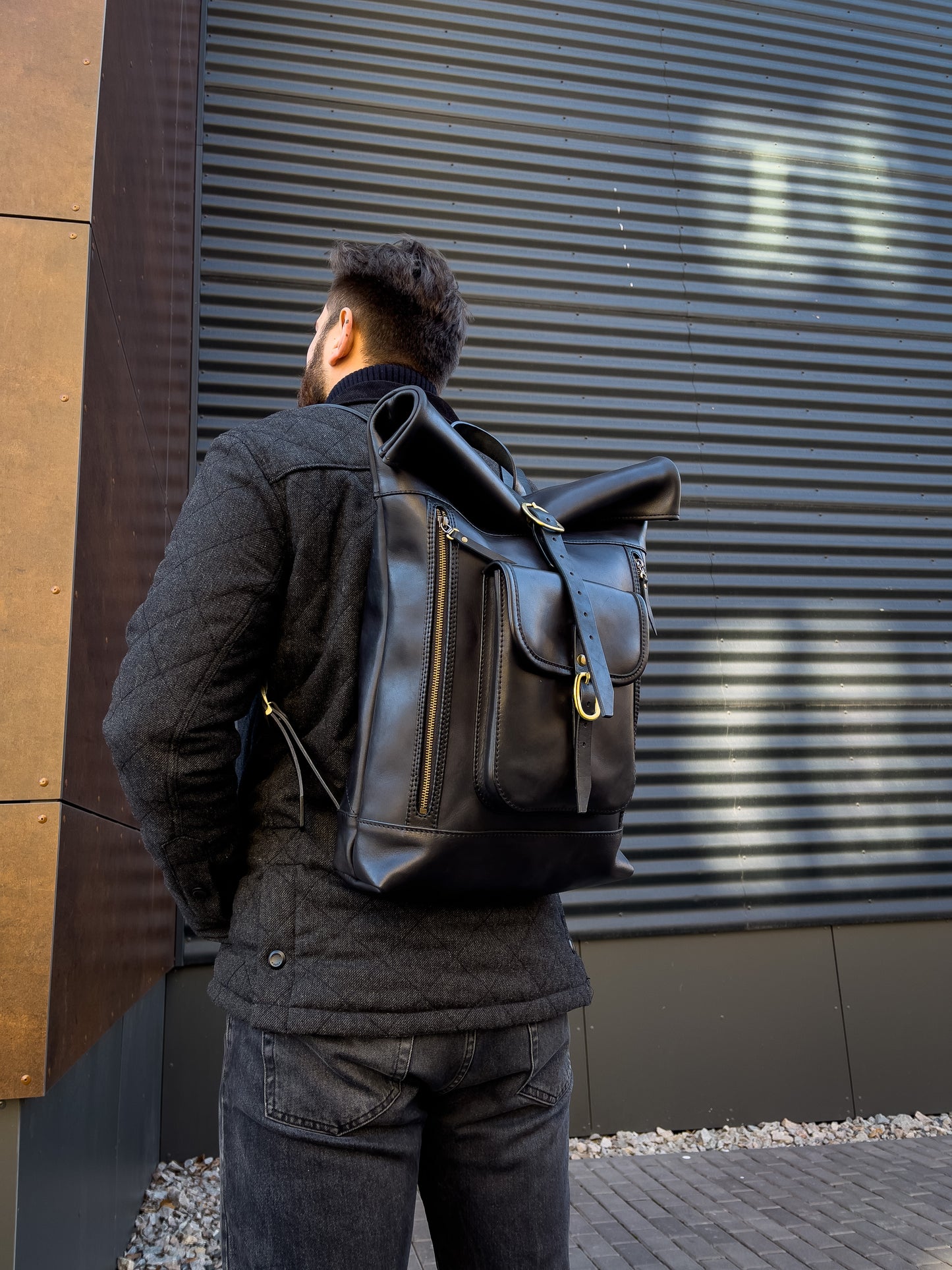 Big Handmade Leather black rolltop backpack for men