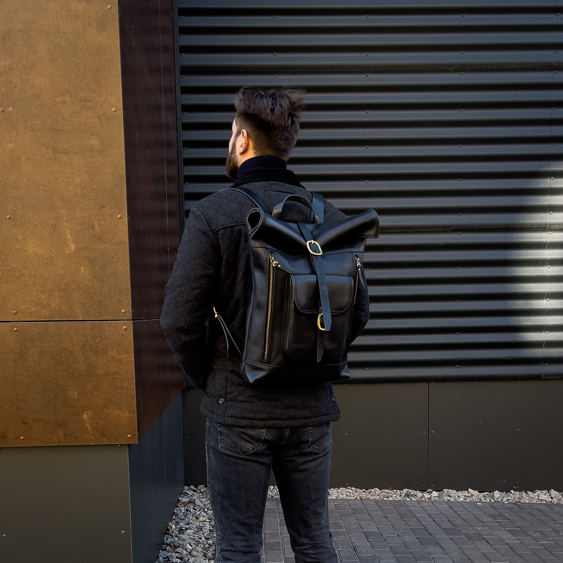 Big Handmade Leather black rolltop backpack for men