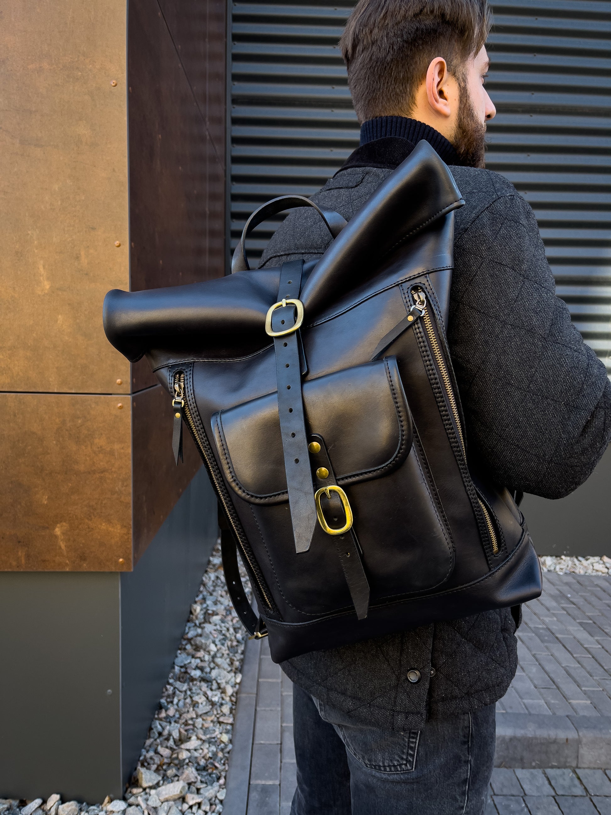 Big Handmade Leather black rolltop backpack for men