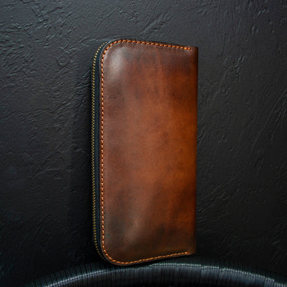 Leather zip around wallet, Cognac-Brown Leather Clutch
