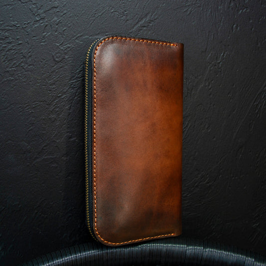 Leather zip around wallet, Cognac-Brown Leather Clutch