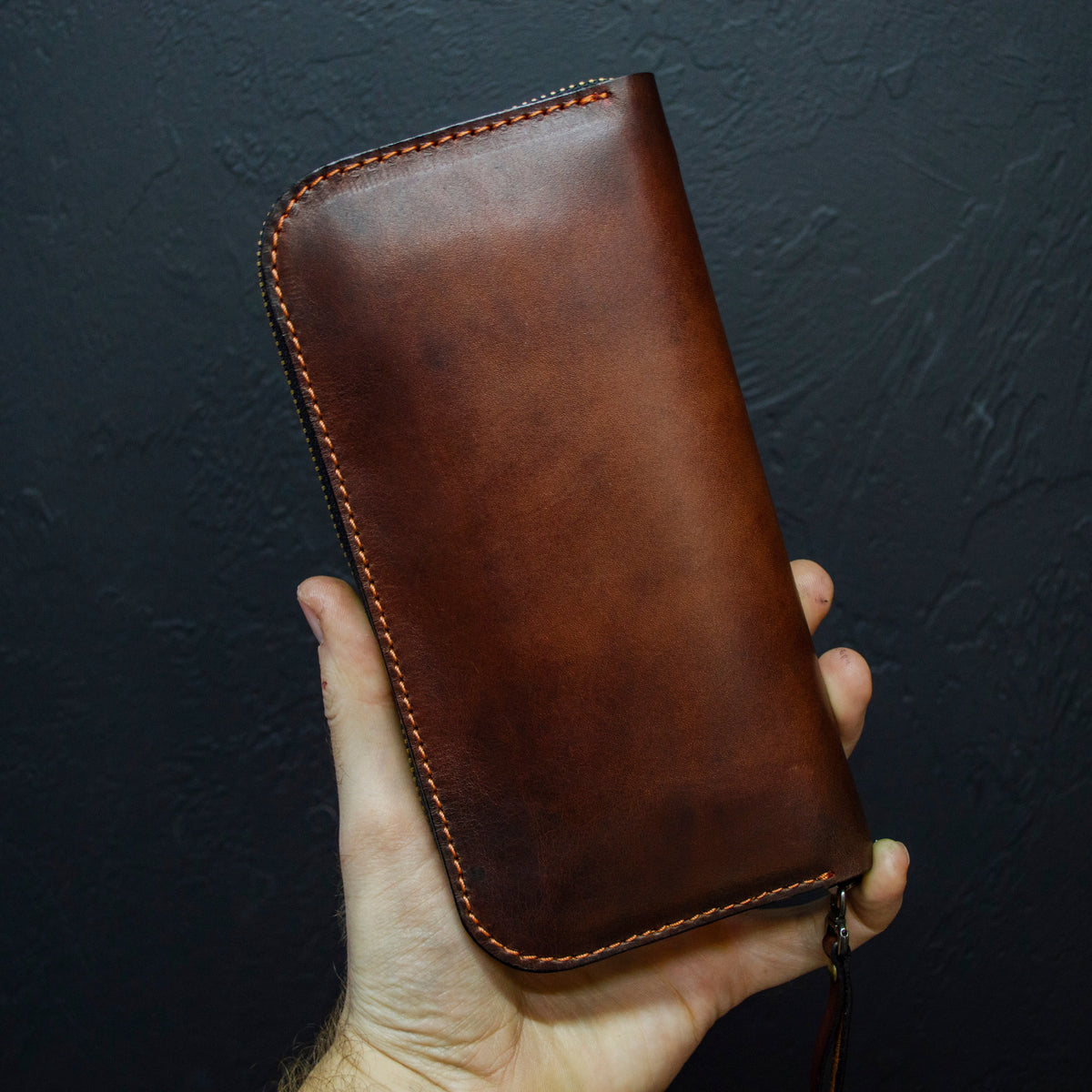Leather zip around wallet, Cognac-Brown Leather Clutch