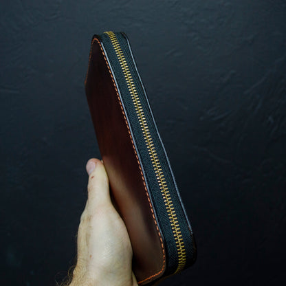 Leather zip around wallet, Cognac-Brown Leather Clutch