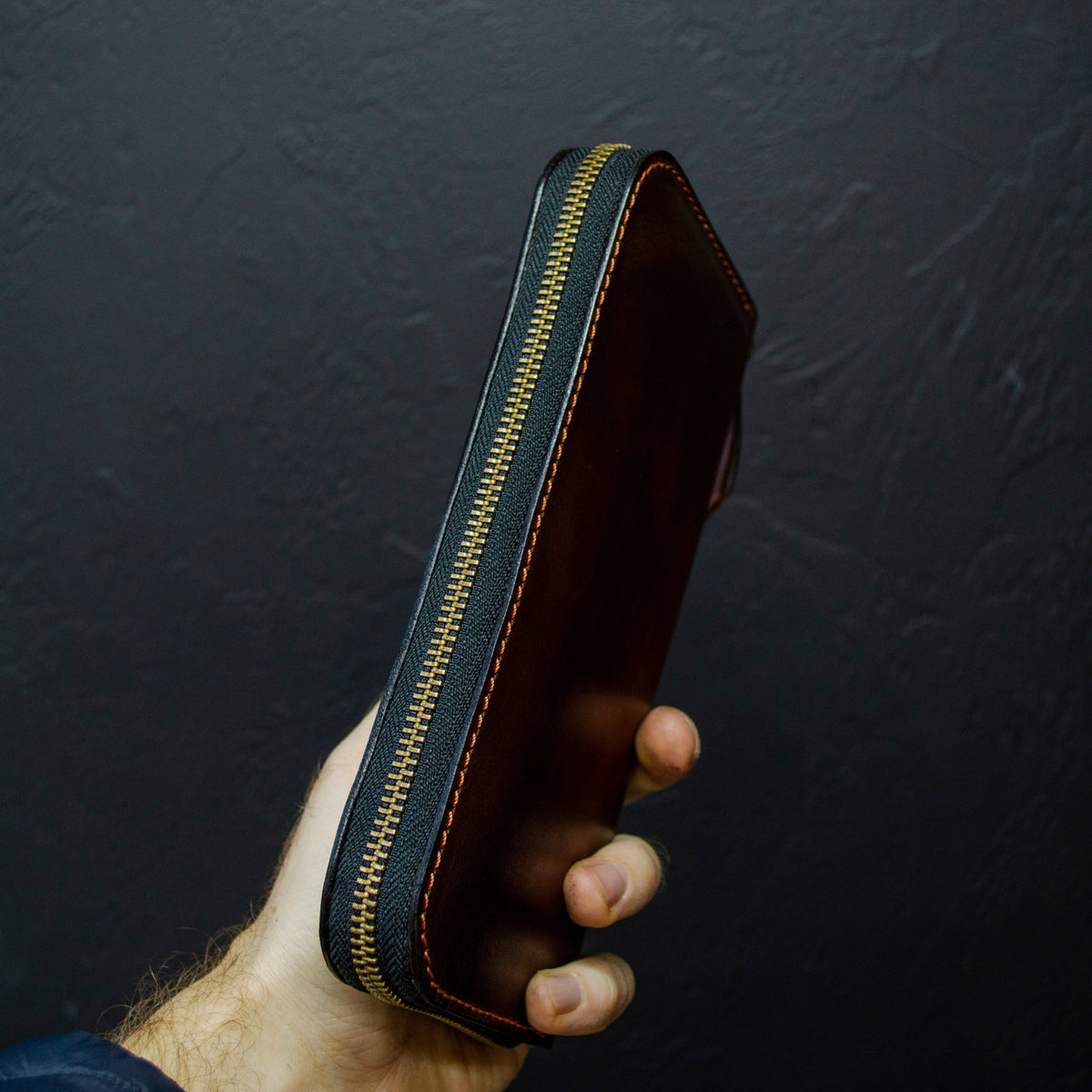 Leather zip around wallet, Cognac-Brown Leather Clutch