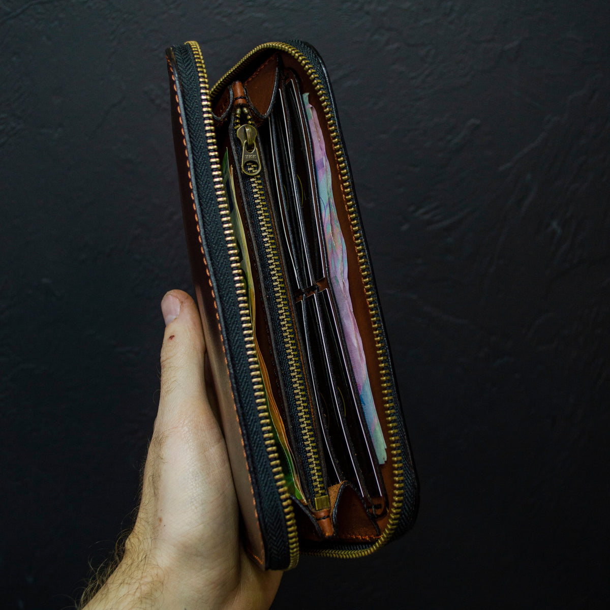 Leather zip around wallet, Cognac-Brown Leather Clutch