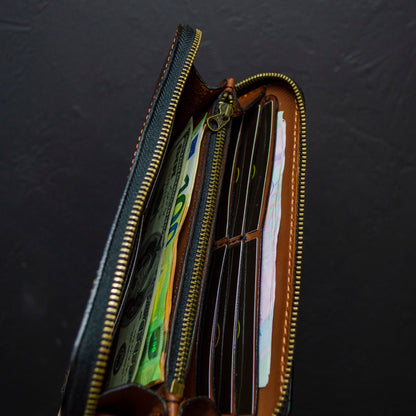Leather zip around wallet, Cognac-Brown Leather Clutch