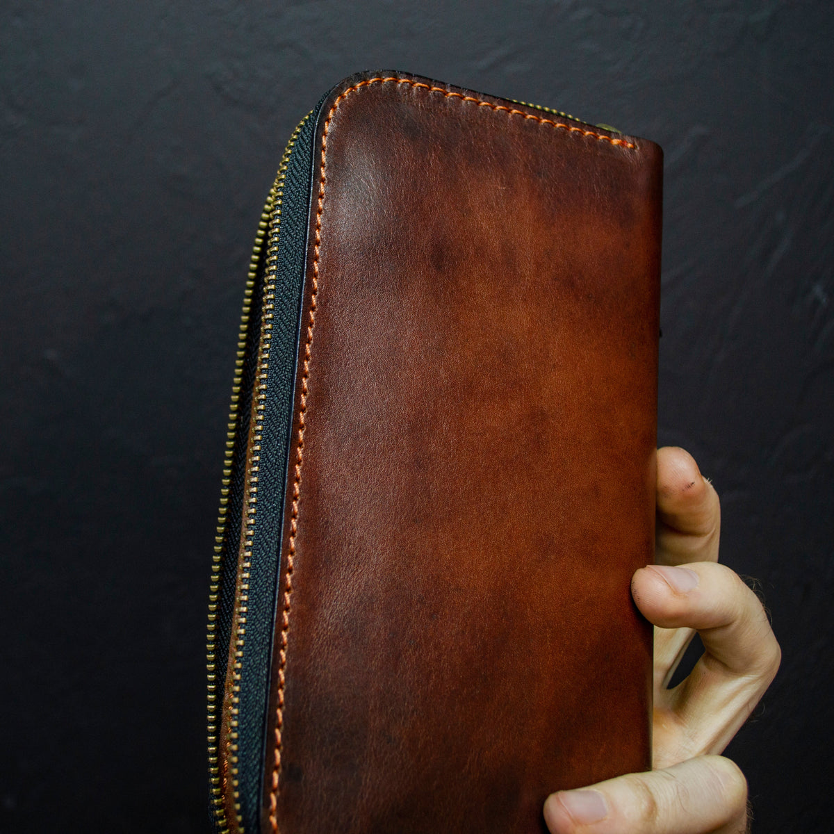 Leather zip around wallet, Cognac-Brown Leather Clutch