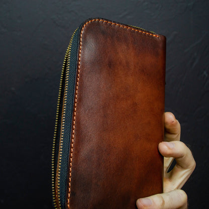 Leather zip around wallet, Cognac-Brown Leather Clutch