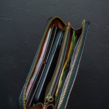 Leather zip around wallet, Cognac-Brown Leather Clutch