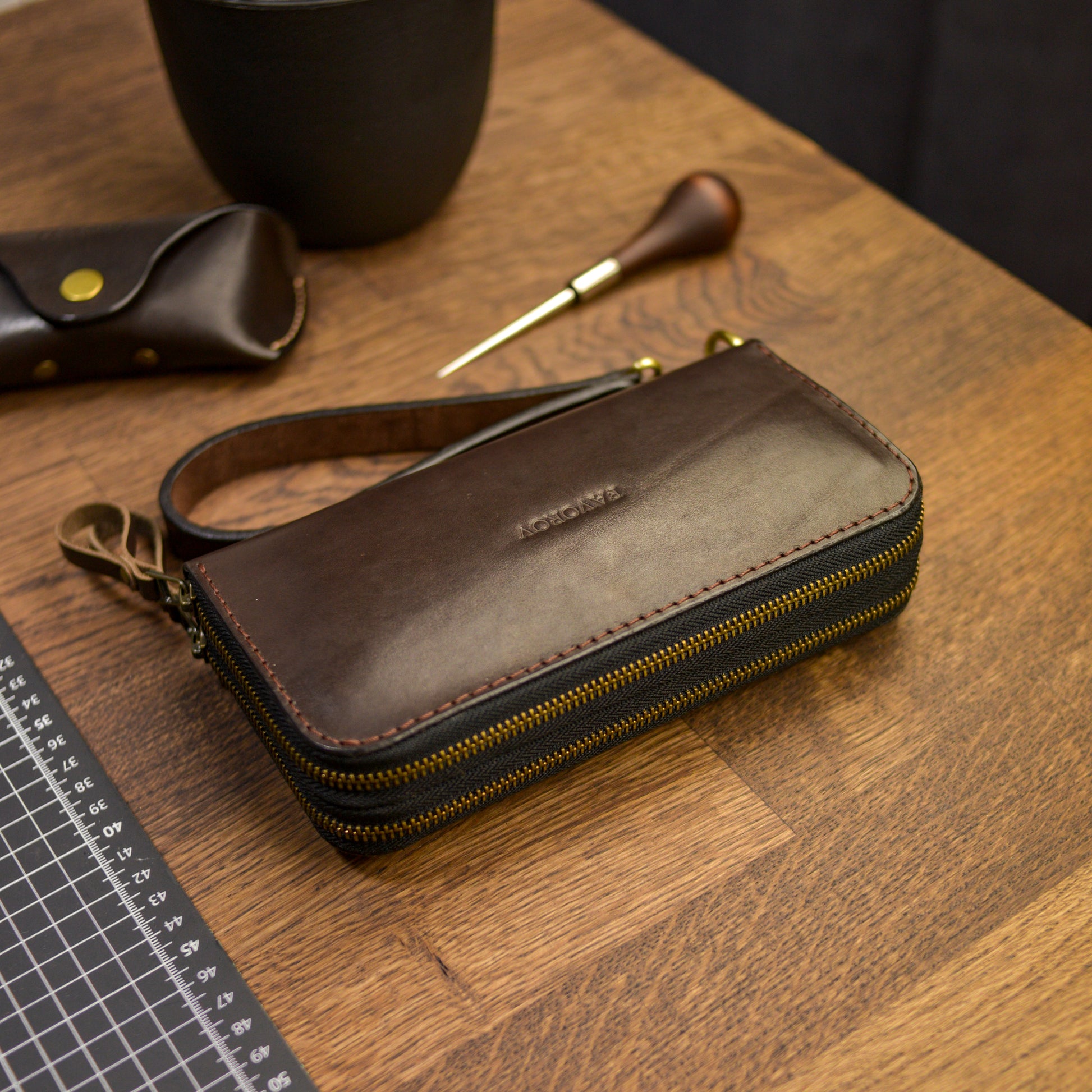 Personalized Leather Clutch, Full Grain Leather Clutch, Cognac men's leather wallet, Double Zipped wallet 