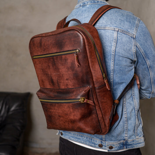 Handmade Cognac Full Grain Leather Laptop Backpack, Minimalist Rucksack