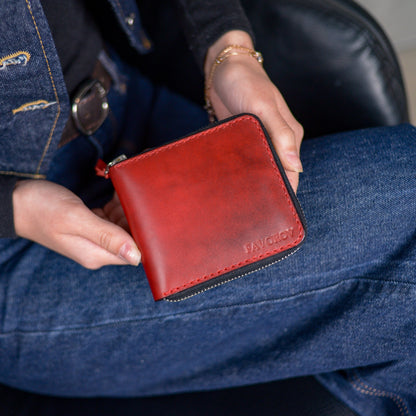 Personalized red bifold cardholder, zip around wallet