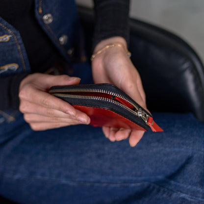 Personalized red bifold cardholder, zip around wallet