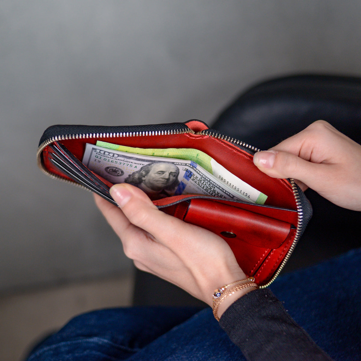 Personalized red bifold cardholder, zip around wallet