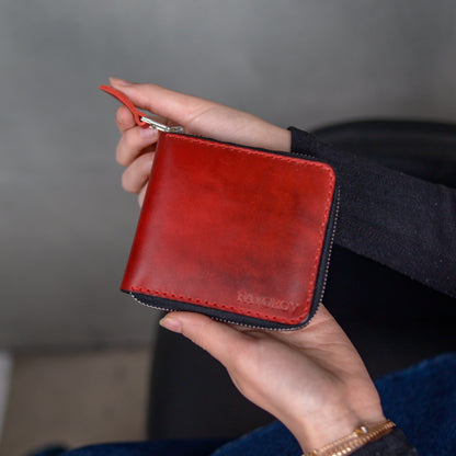 Personalized red bifold cardholder, zip around wallet