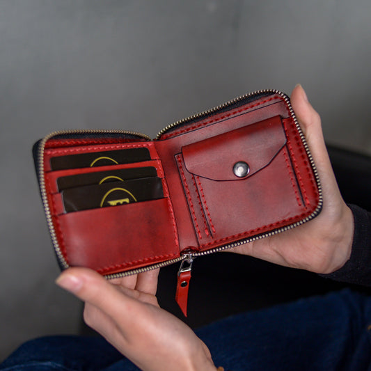 Personalized red bifold cardholder, zip around wallet