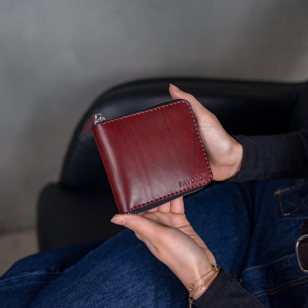 Personalized burgundy bifold cardholder, zip around wallet