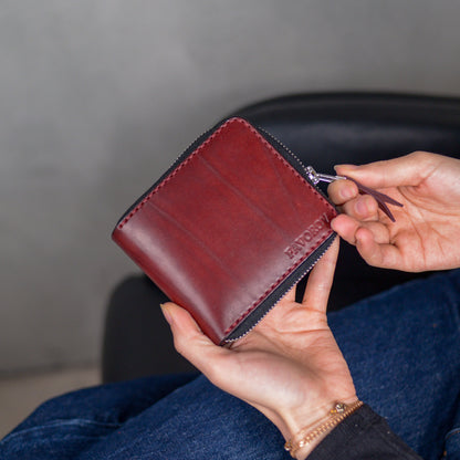 Personalized burgundy bifold cardholder, zip around wallet