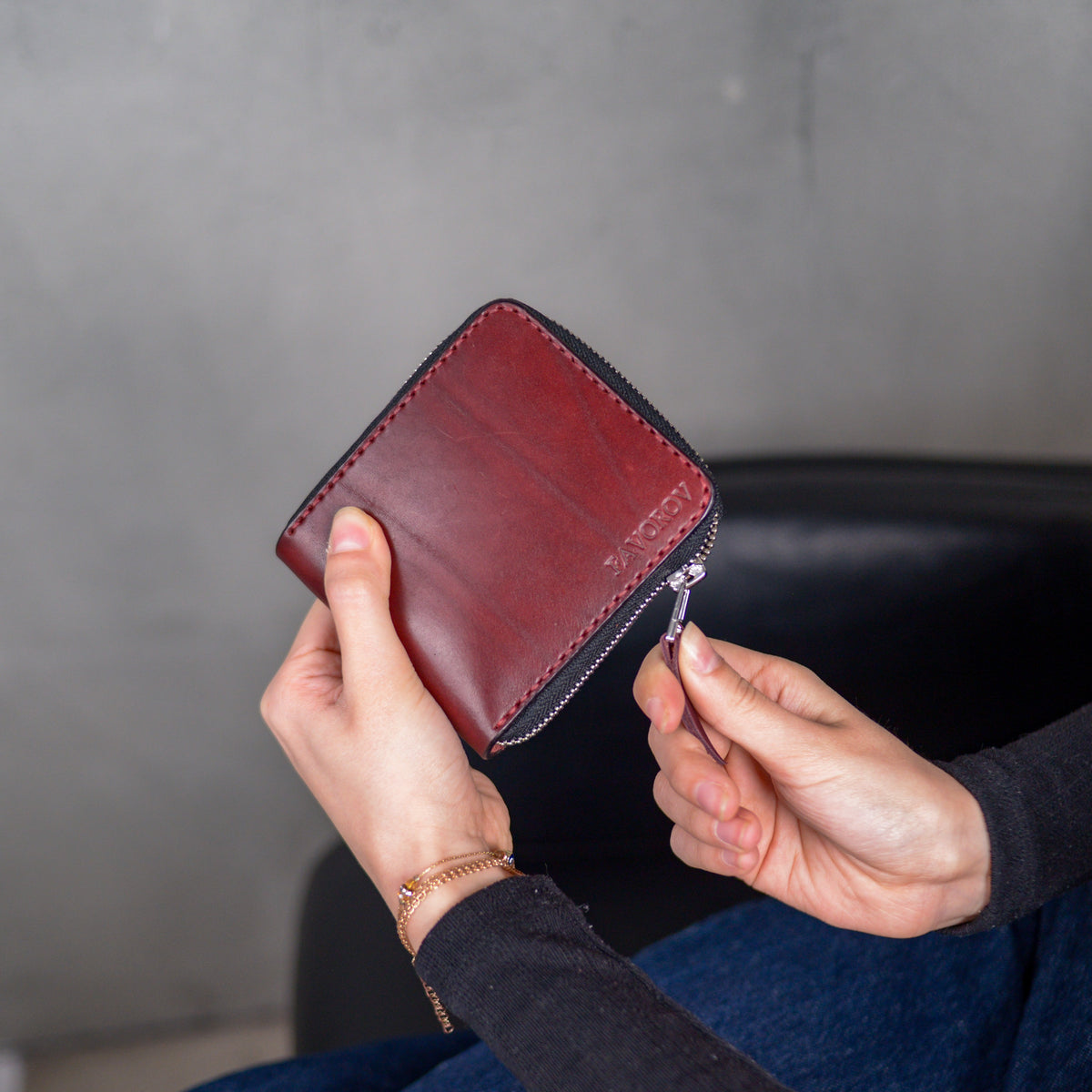 Personalized burgundy bifold cardholder, zip around wallet