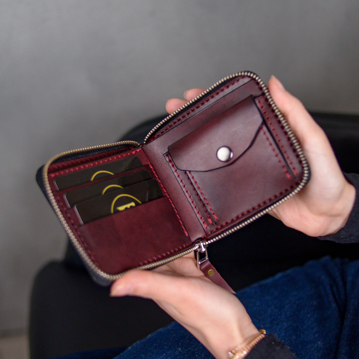 Personalized burgundy bifold cardholder, zip around wallet