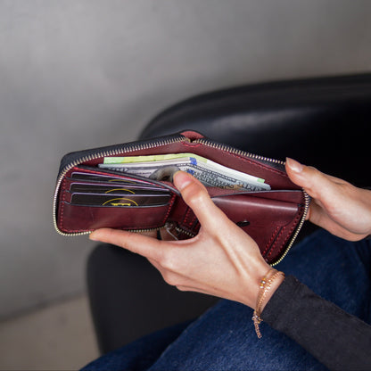 Personalized burgundy bifold cardholder, zip around wallet