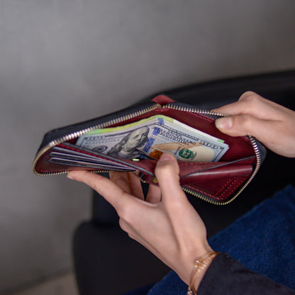 Personalized burgundy bifold cardholder, zip around wallet