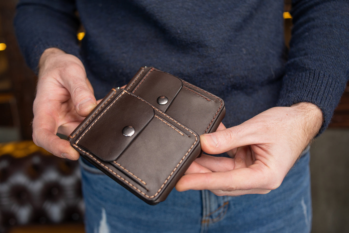 Brown Leather Money Clip, Small leather wallet, Full grain Leather Money Clip, Gift for Men, Minimalist Wallet with Credit Card Holder